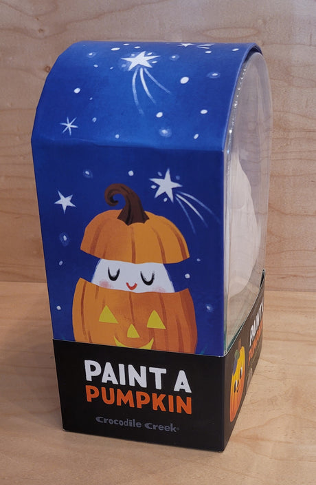 Paint a Pumpkin ceramic kit with festive packaging featuring a smiling pumpkin under a starry night sky background