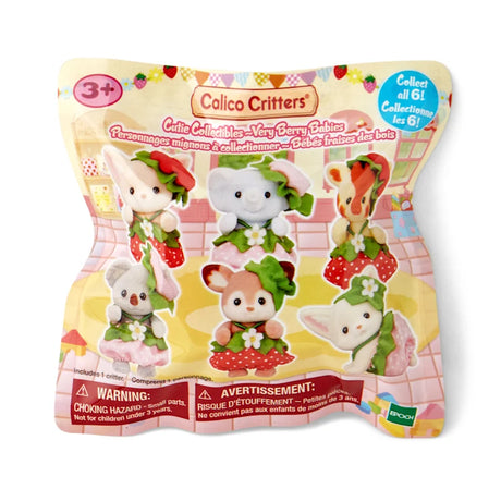 Calico Critters Very Berry Babies blind bag with six small animal figures wearing strawberry-themed outfits.