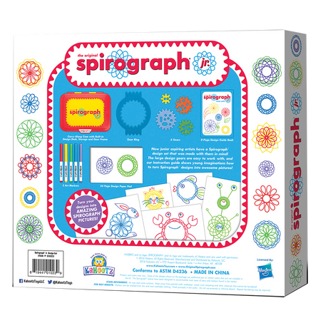 Spirograph Original Jr design set with jumbo gears, washable markers, design paper, and drawing tablet for kids.