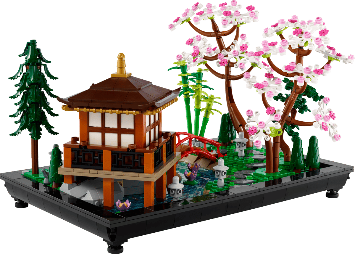 Icons Tranquil Garden miniature Japanese garden scene with pagoda cherry blossom trees and bridge