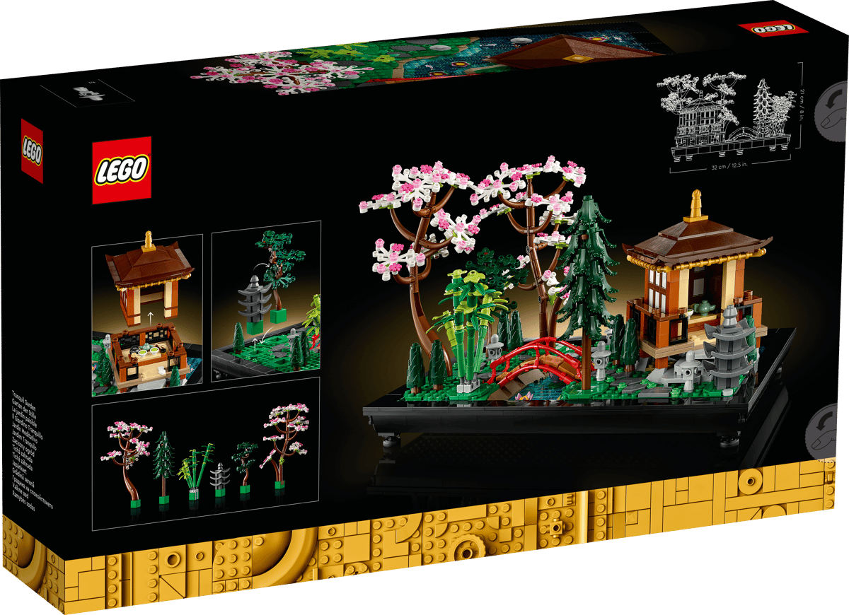 Icons Tranquil Garden set featuring a peaceful garden with cherry blossom trees pagodas and a red bridge