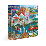 1000pc New England Wharf Puzzle featuring a colorful seaside harbor scene