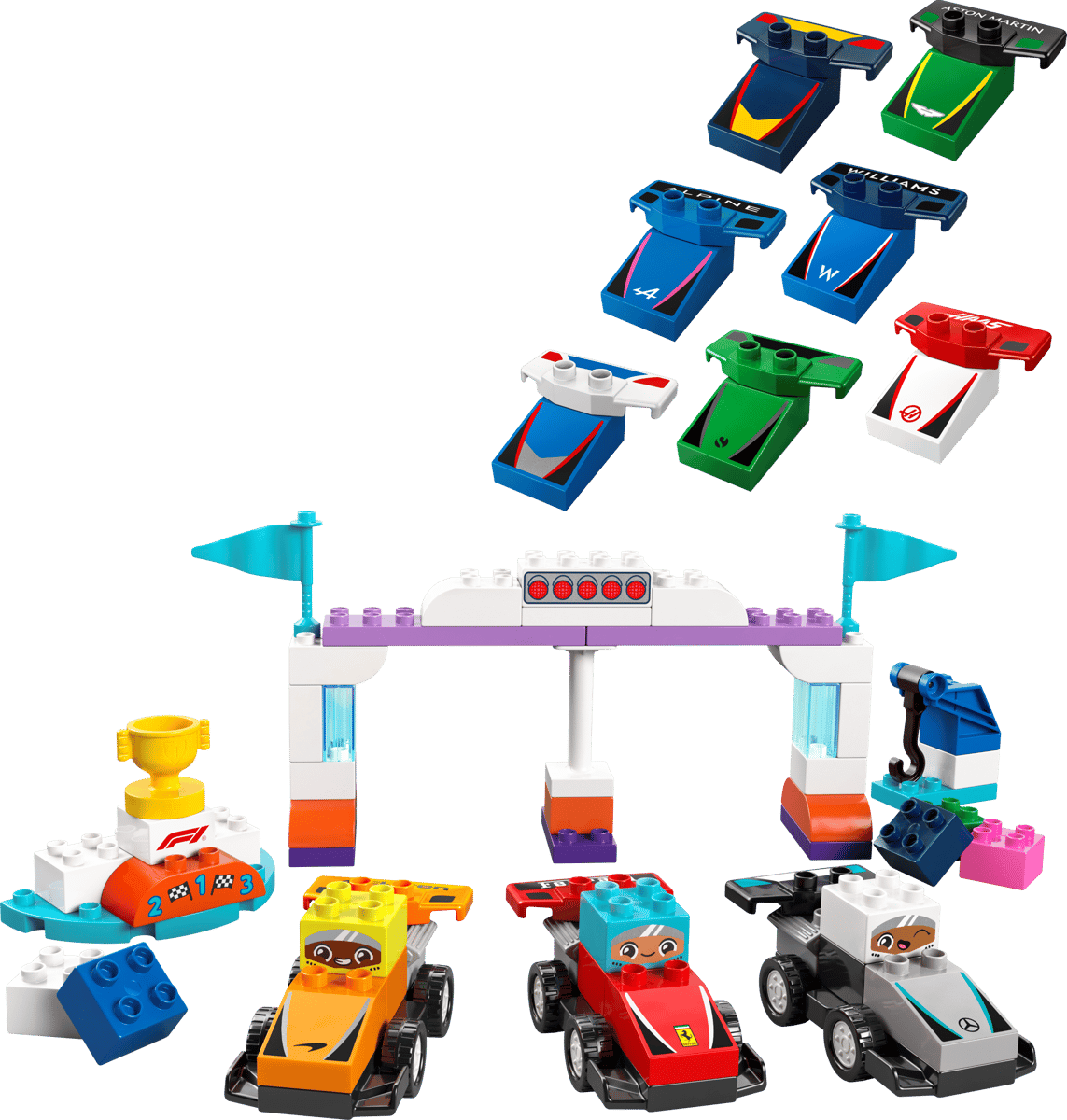 Duplo F1 Team Race Cars & Drivers with colorful race cars and a racing finish line gate