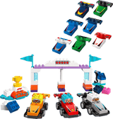 Duplo F1 Team Race Cars & Drivers with colorful race cars and a racing finish line gate