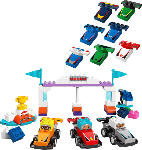 Duplo F1 Team Race Cars & Drivers with colorful race cars and a racing finish line gate