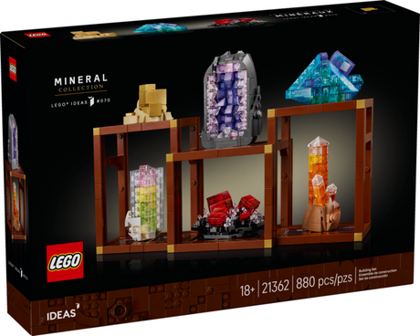 LEGO Ideas Mineral Collection with buildable pyrite, amethyst, fluorite, tourmaline, rhodochrosite, and quartz crystals on shelves