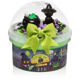 Curious Cat Workshop Slime tub with green slime, cat figurine, witch hat, cauldron, and lime green bow