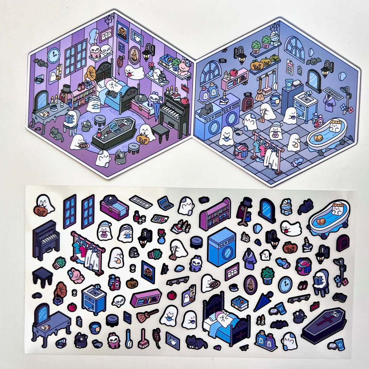 3D Diorama Stickers | Ghosts featuring colorful ghostly room scenes and miniature haunted house designs