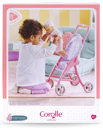 Stroller Flowered with folding canopy and security belt, perfect for carrying small dolls up to 12 inches.