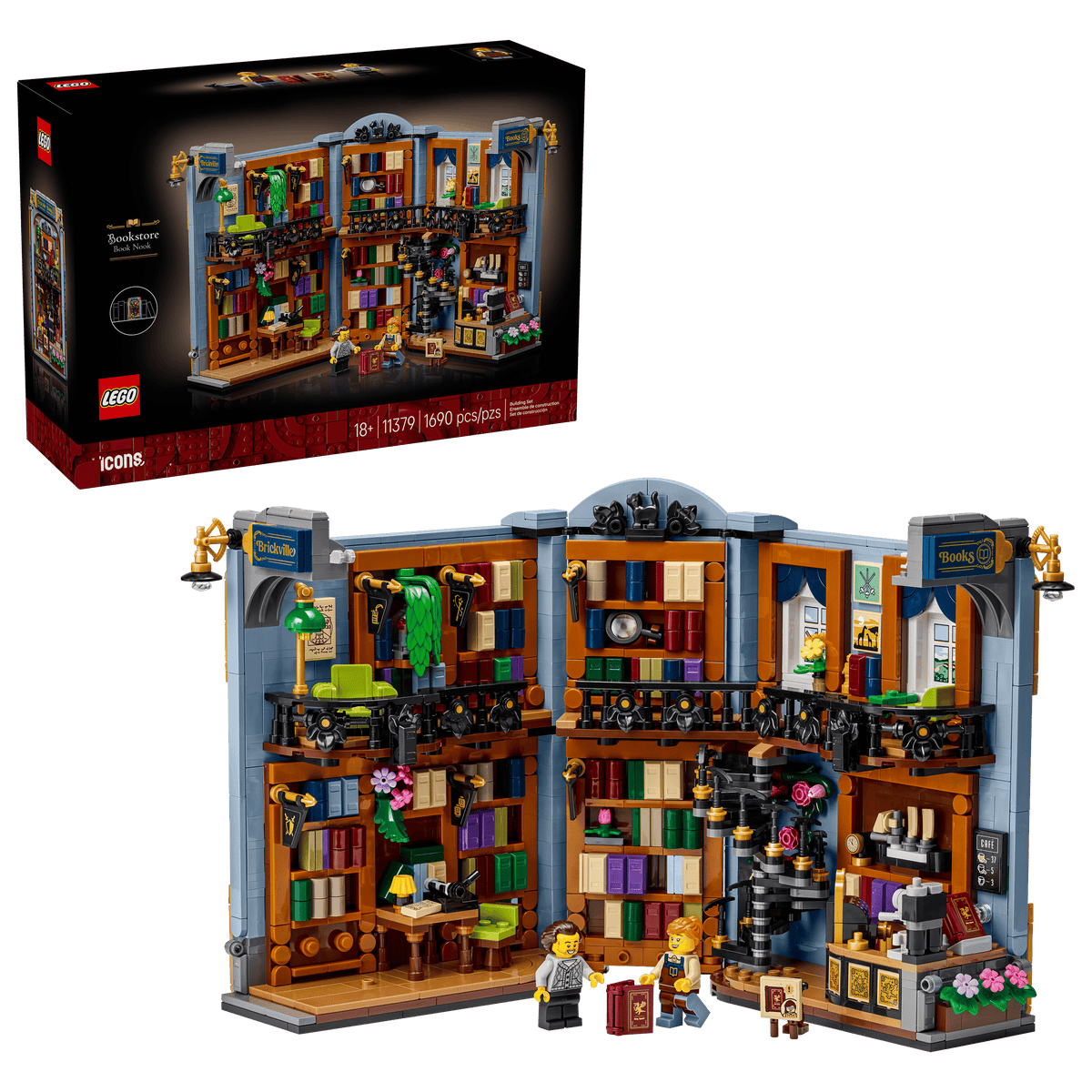 Icons Bookstore: Book Nook LEGO building set with detailed bookstore shelves and miniature figures