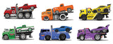 Six colorful muscle transport trucks carrying matching themed cars in 1:64 scale with anniversary details