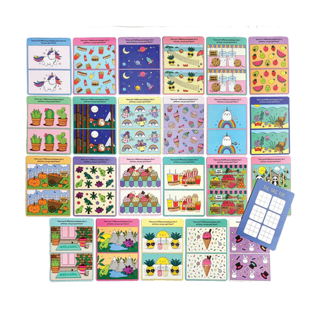 Activity Cards Spot the Difference showing colorful difference puzzles with tic-tac-toe games on back for kids 4+