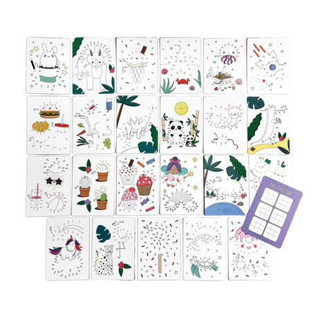 Activity Cards Connect Dots featuring 24 numbered trails with fun designs and tic tac toe game on the back.