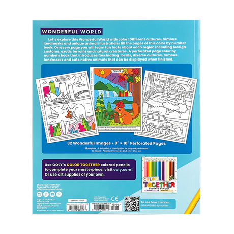 Back cover of Color by Numbers Wonderful World Coloring Book showing sample country illustrations and product details.