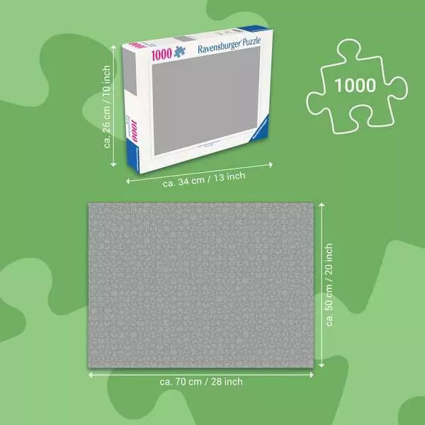 Ravensburger 1000-piece puzzle box with assembled gray puzzle and dimensions on green background