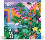 750pc Amazing Nature Puzzle box showing a vibrant tropical garden with waterfalls, plants, flowers, and pink stairs