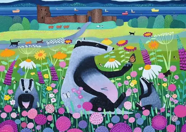 1000pc Meadow Mischief Puzzle featuring playful badgers among colorful wildflowers with a seaside castle view