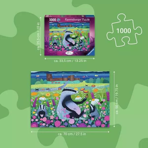 1000pc Meadow Mischief Puzzle size guide showing assembled dimensions of 70 cm by 50 cm