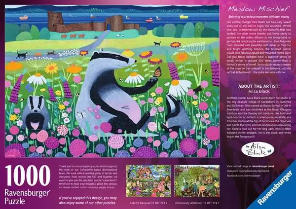 1000pc Meadow Mischief Puzzle featuring playful badgers in a colorful flower-filled meadow near a castle