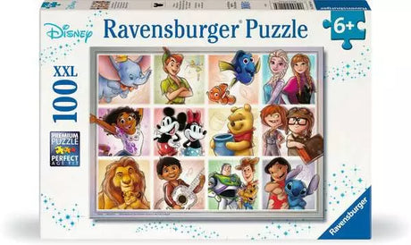 Box of a 100-piece Disney-themed Ravensburger puzzle featuring various animated characters in colorful squares