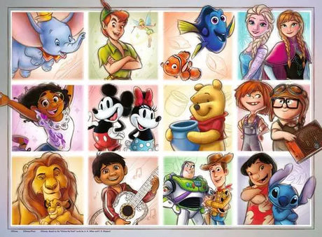 Collage of colorful Disney characters including Dumbo, Peter Pan, Finding Nemo fish, Frozen sisters, and more in square frames