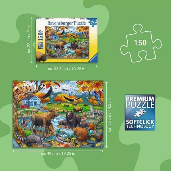 150pc Wildlife Gathering Puzzle with colorful wildlife scene and finished puzzle dimensions shown beside the box