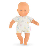 Calin Mini Blue Eyes doll with soft vinyl head and limbs, wearing a patterned romper, perfect for ages 18m+