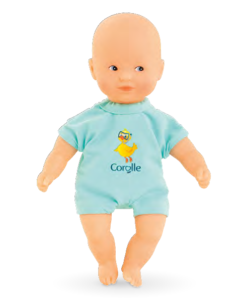 small baby doll dressed in blue outfit with yellow duck design for toddler bath time play