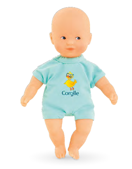 small baby doll dressed in blue outfit with yellow duck design for toddler bath time play