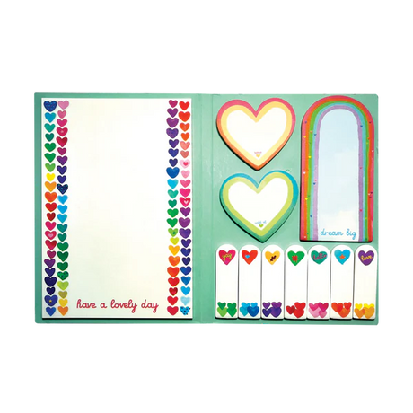 Rainbow Hearts Sticky Tabs set with colorful heart and rainbow designs on sticky notes and tabs for organization.