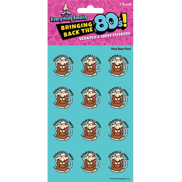 Pack of Root Beer themed scratch and sniff stickers featuring frothy mugs on two blue sheets with retro 80s style packaging