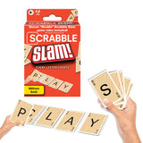 Scrabble Slam card game package with letter cards and hands playing a word game
