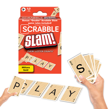 Scrabble Slam card game package with letter cards and hands playing a word game