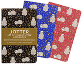 Three compact mini notebooks with sloth patterns in black, blue, and red with gold foil accents