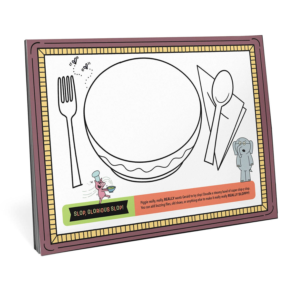 Kids’ placemat with black and white drawing of burger, fork, knife, spoon, and Elephant and Piggie characters to color and doodle