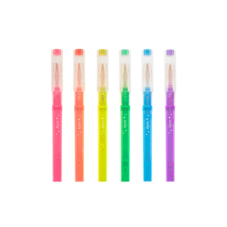 Oh My Glitter! Liquid Glitter Highlighters set of 6 neon colors with sparkly ink and chisel tips in iridescent barrels.