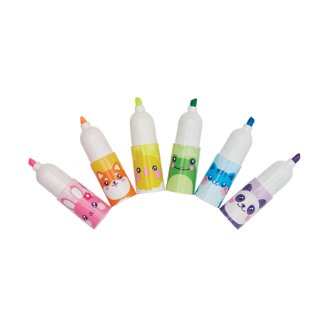 Hey! Critters Stacking Highlighters six neon mini stackable highlighters with cute animal faces for note taking.