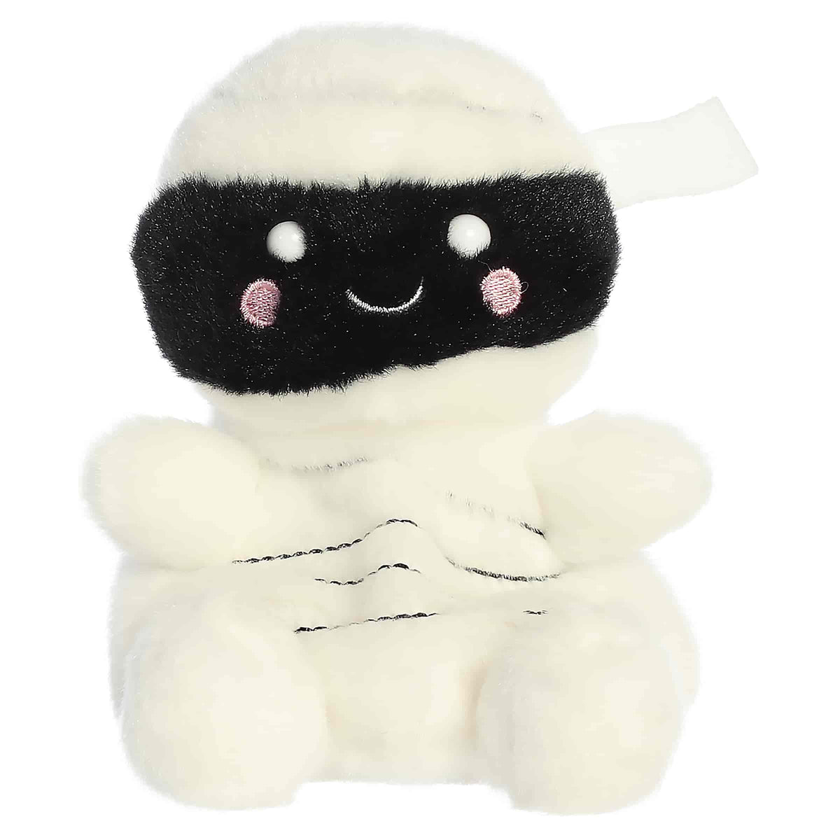 Palm Pals Mummy Wraphael plush toy with a black eye mask and soft white wrap
