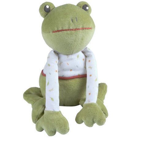 Organic Gemba the Frog plush toy dressed in a long sleeve top, made from soft, non-toxic organic fabric.
