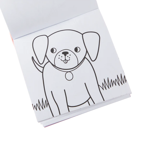 Carry Along Pet Pals coloring book open to a puppy drawing, perfect for travel and creative fun on the go.