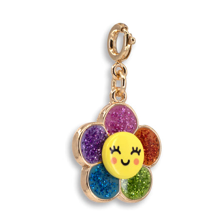 Gold Glitter Happy Flower Charm with colorful glitter petals and a smiling yellow enamel center detail.