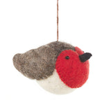 Handcrafted felt robin ornament with bright red breast hanging by twine against a white background