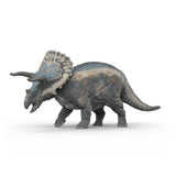 Triceratops dinosaur toy with textured gray body and colorful frill