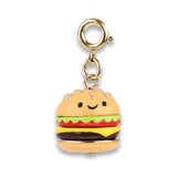 Gold Cheeseburger Charm with smiling 3D layers, enamel details, and base metal clasp for burger and BBQ fans.