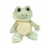 Plush frog toy with soft green and cream fur, round black eyes, and a smiling face on white background