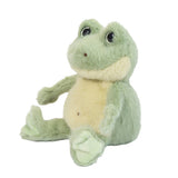Soft green and cream plush frog with large shiny eyes and textured feet sitting on white background