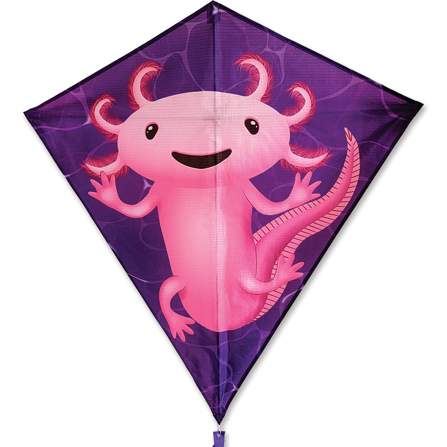 Purple diamond-shaped kite featuring a smiling pink axolotl character with curly gills and a striped tail