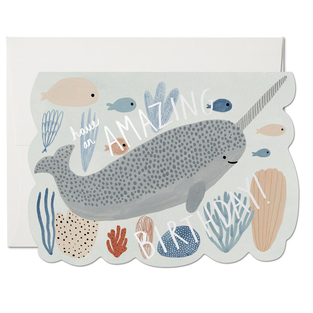Illustrated narwhal birthday card with sea creatures on 5x7 inch heavyweight card stock, blank inside for personal message