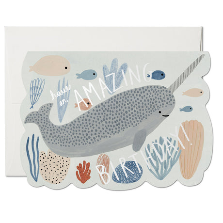 Illustrated narwhal birthday card with sea creatures on 5x7 inch heavyweight card stock, blank inside for personal message