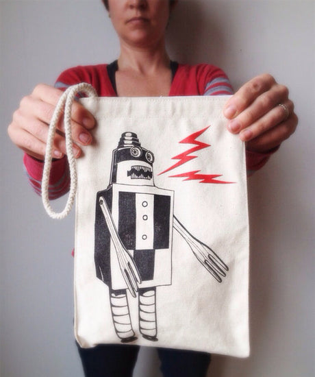 Lunch Bag | Robot made of 100% recycled cotton canvas with a black robot and red lightning design.
